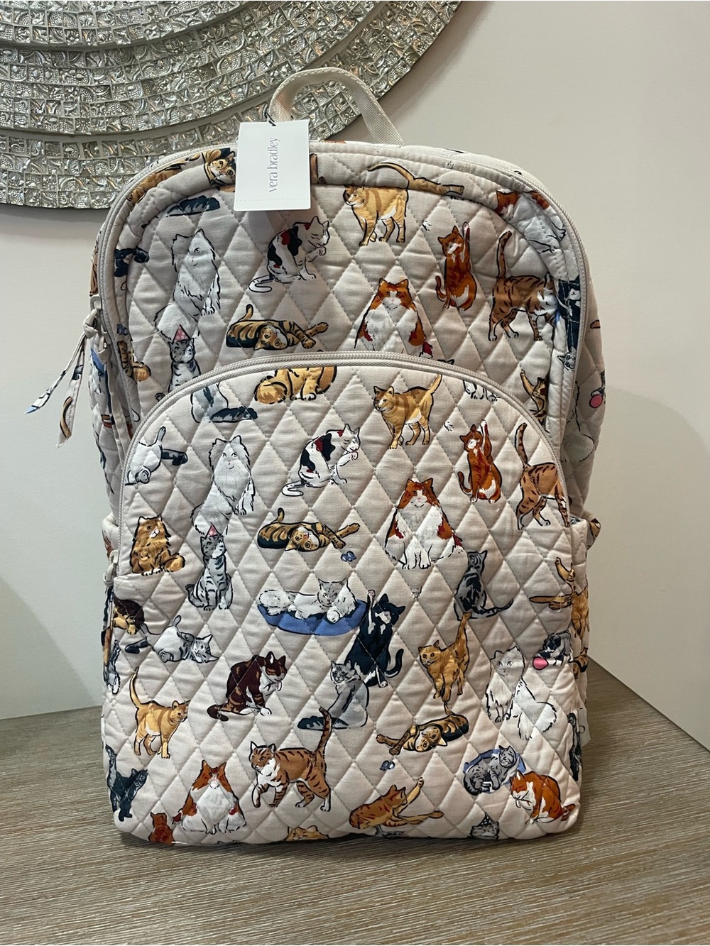New Vera Bradley A Cats Life Essential Large Backpack Quilted Cotton Beige